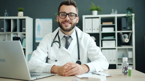 Doctor wearing a stethoscope sits at a desk.