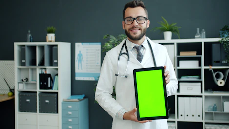 Doctor holding a tablet with a green screen.