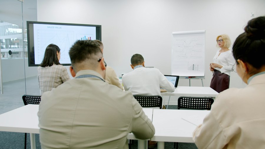 Trainer presenting to a room of professionals
