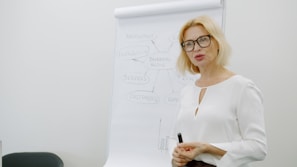 Blonde woman in glasses presenting near flip chart