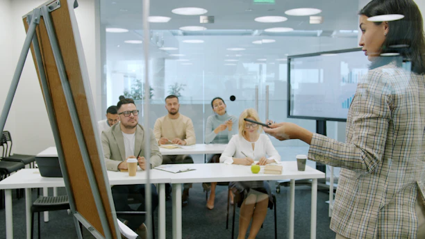 Woman presenting to a group in a modern office.