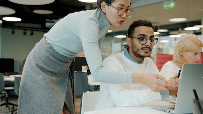 Two colleagues collaborating on a laptop in office.