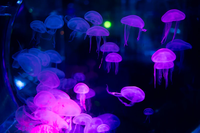 Medusa luminosa flotando en aguas oscuras