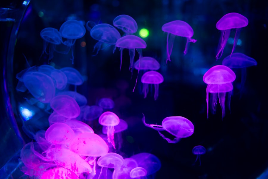 Bioluminescent marine life glowing in dark water