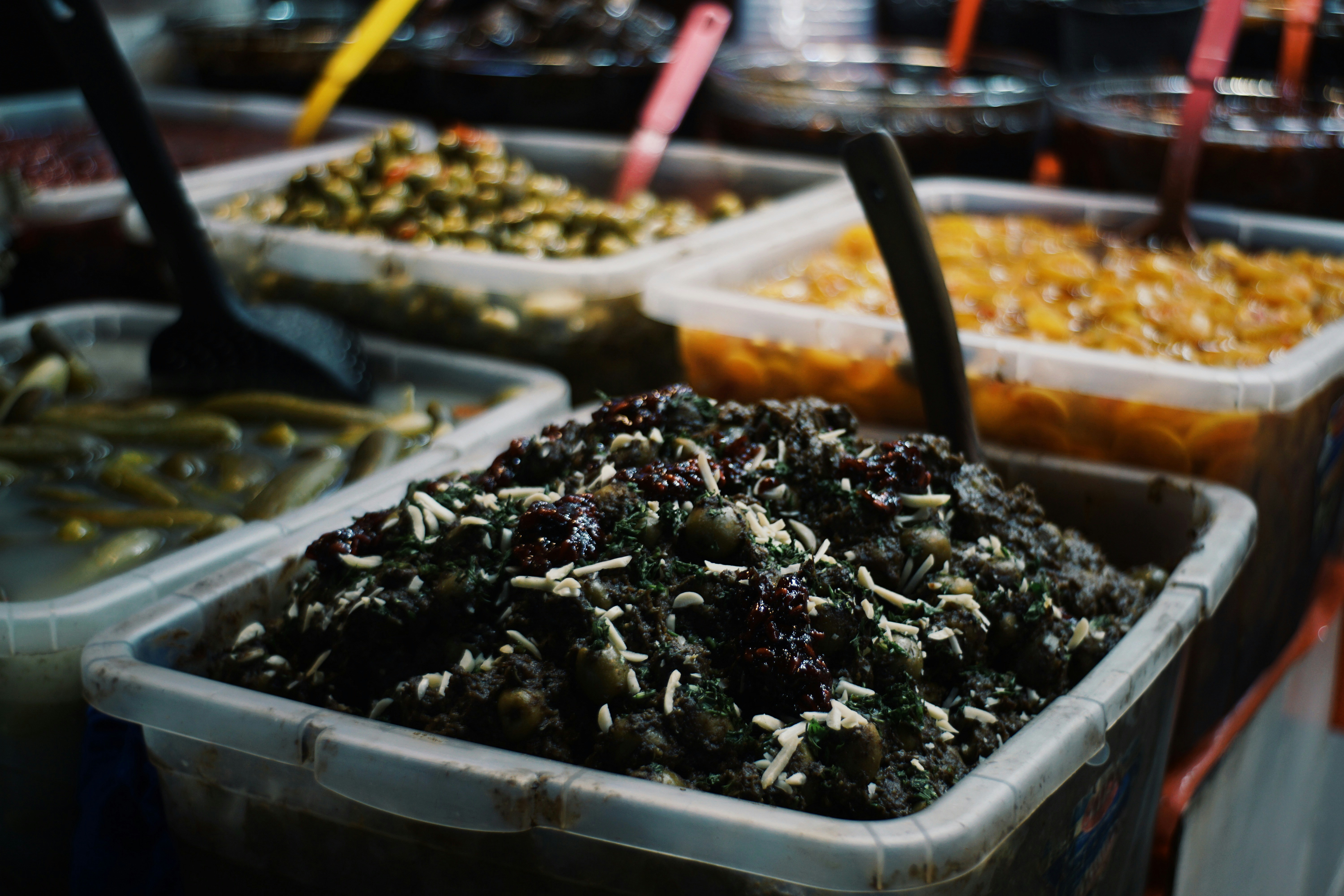 global street food spread on a vibrant market table