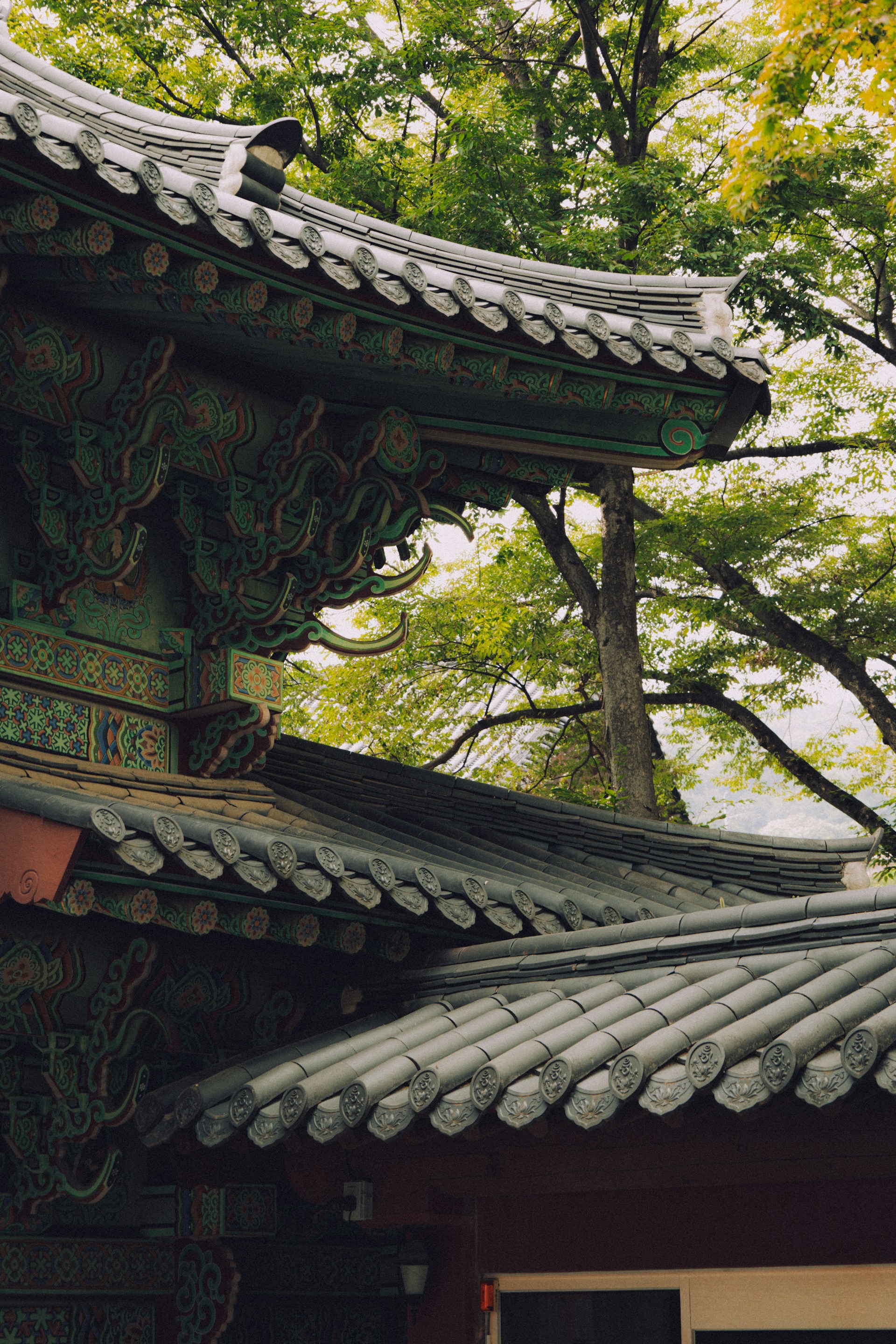 Traditional korean temple roof with intricate carvings