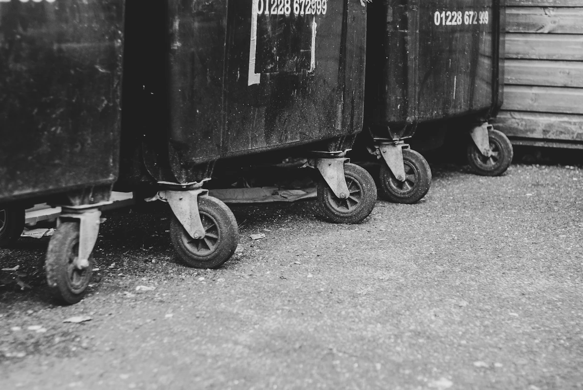 A row of large dark wheelie bins lined up outside on a residential street