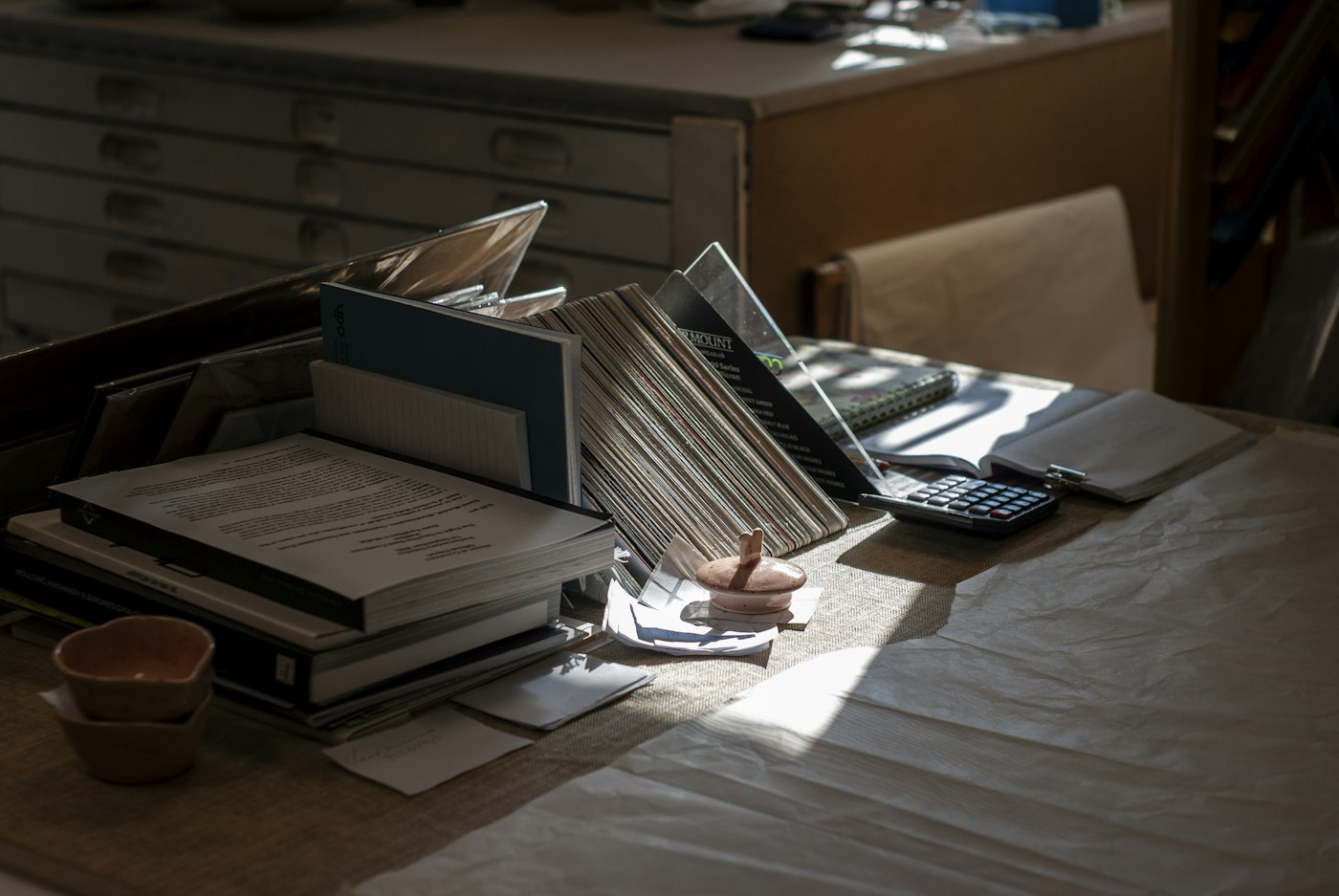 Books and papers in soft window light
