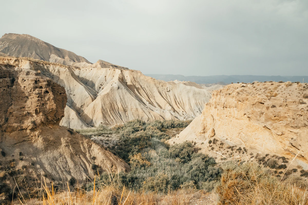 Pale eroded hills and dry scrub in the Tabernas Desert
