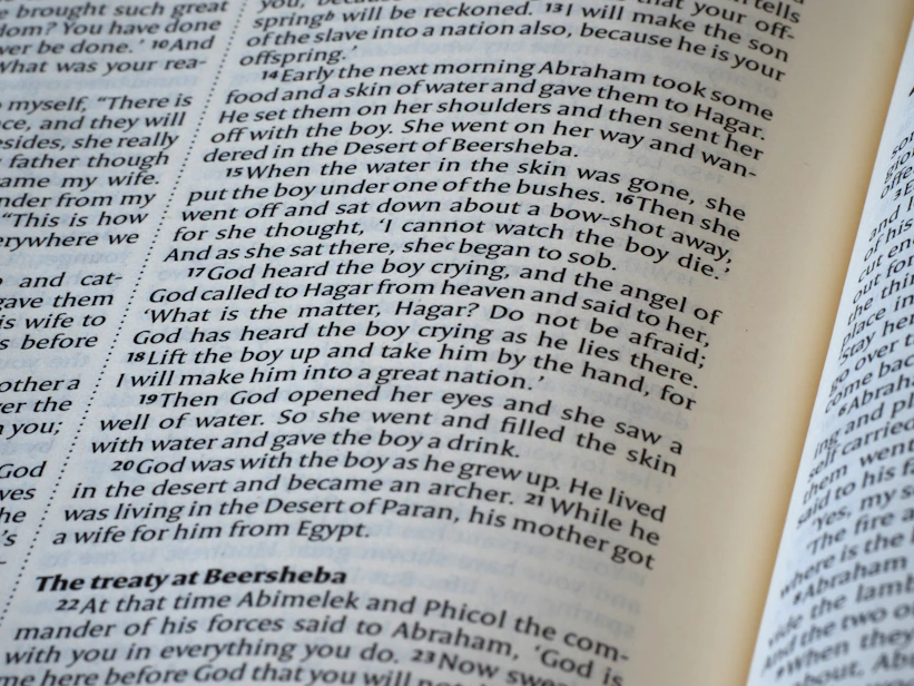 Close-up of an open book with text.