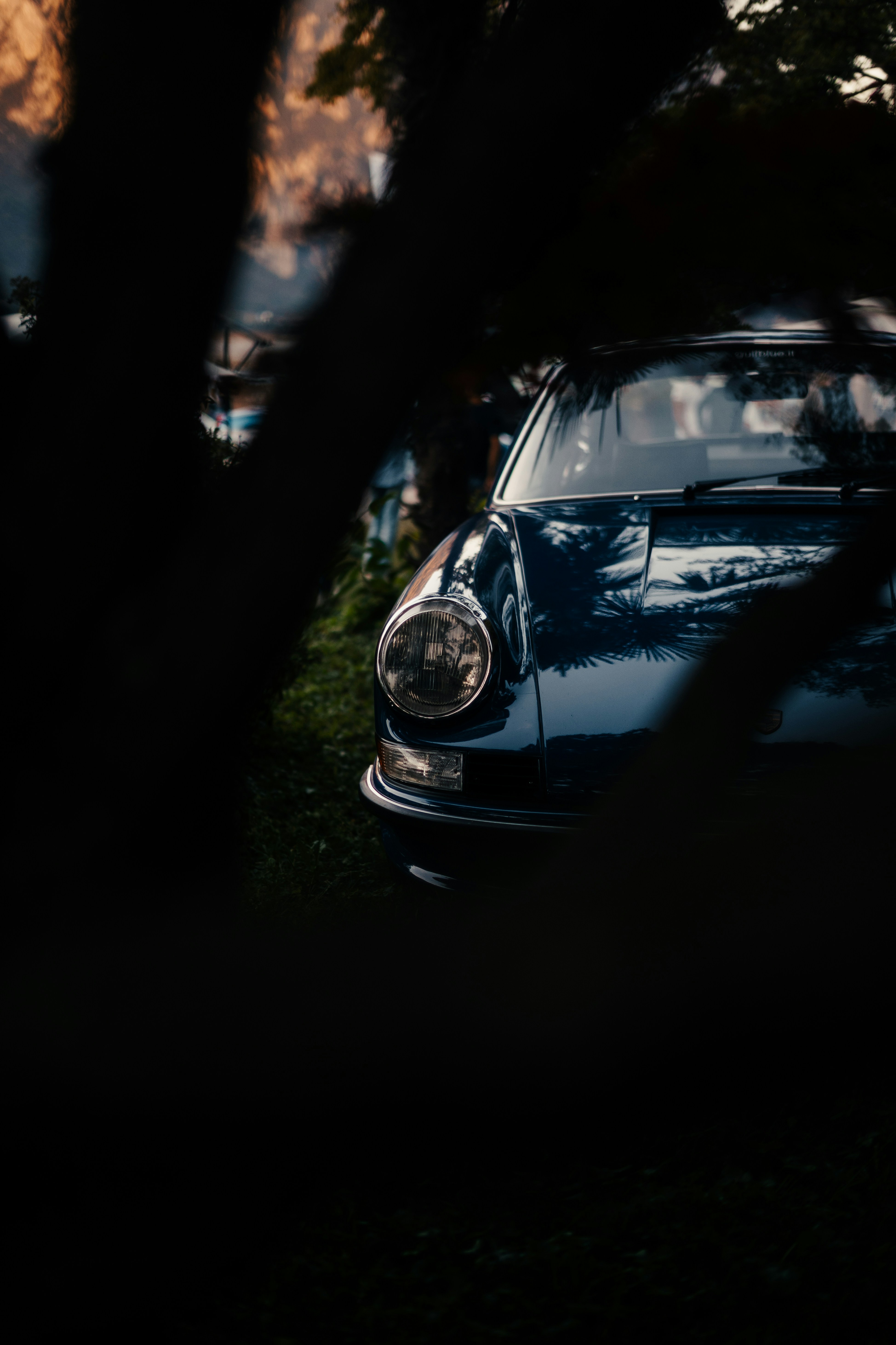 Dunkelblauer Oldtimer parkt hinter Bäumen