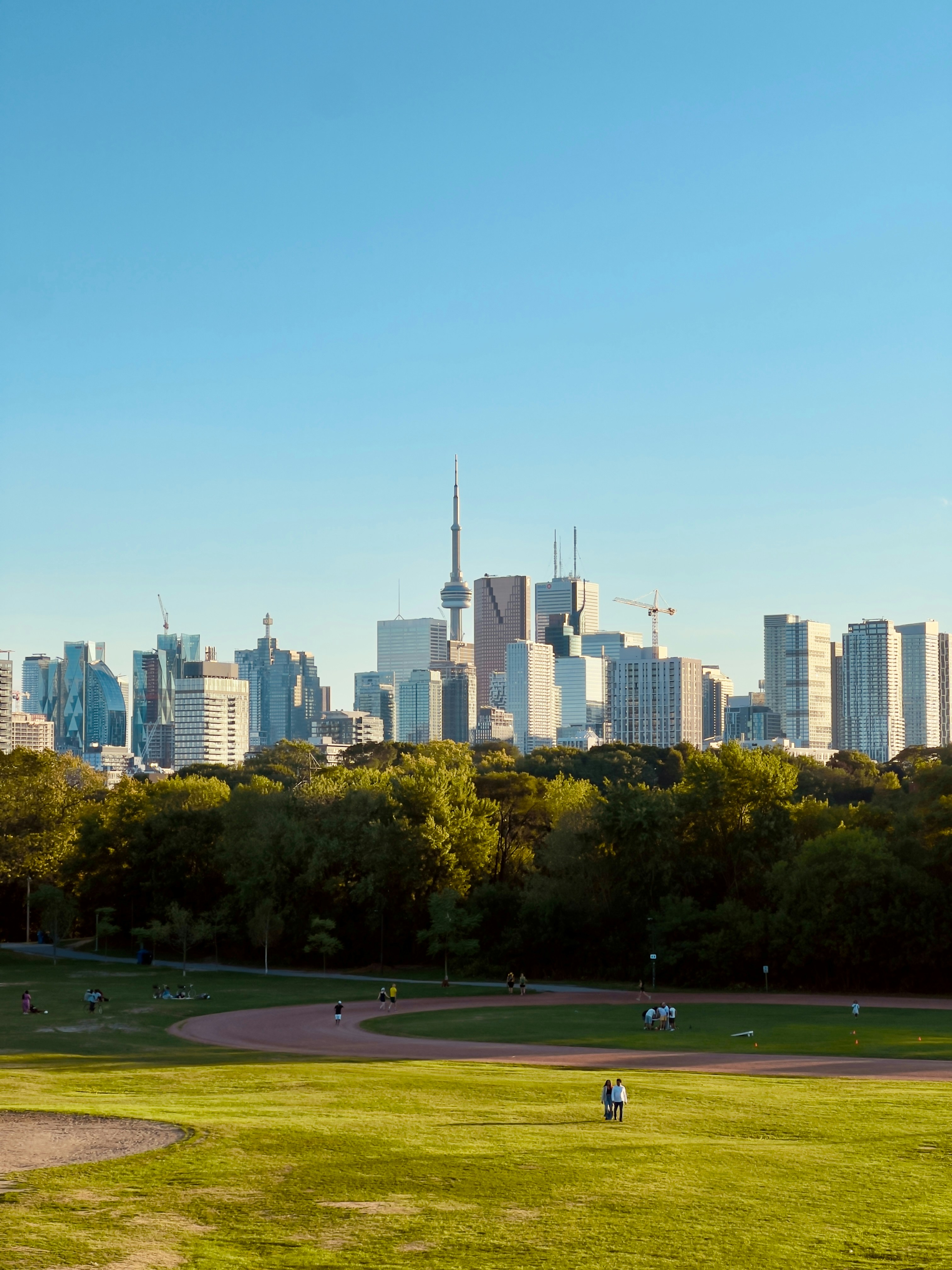 Sunny day cityscape with park in foreground