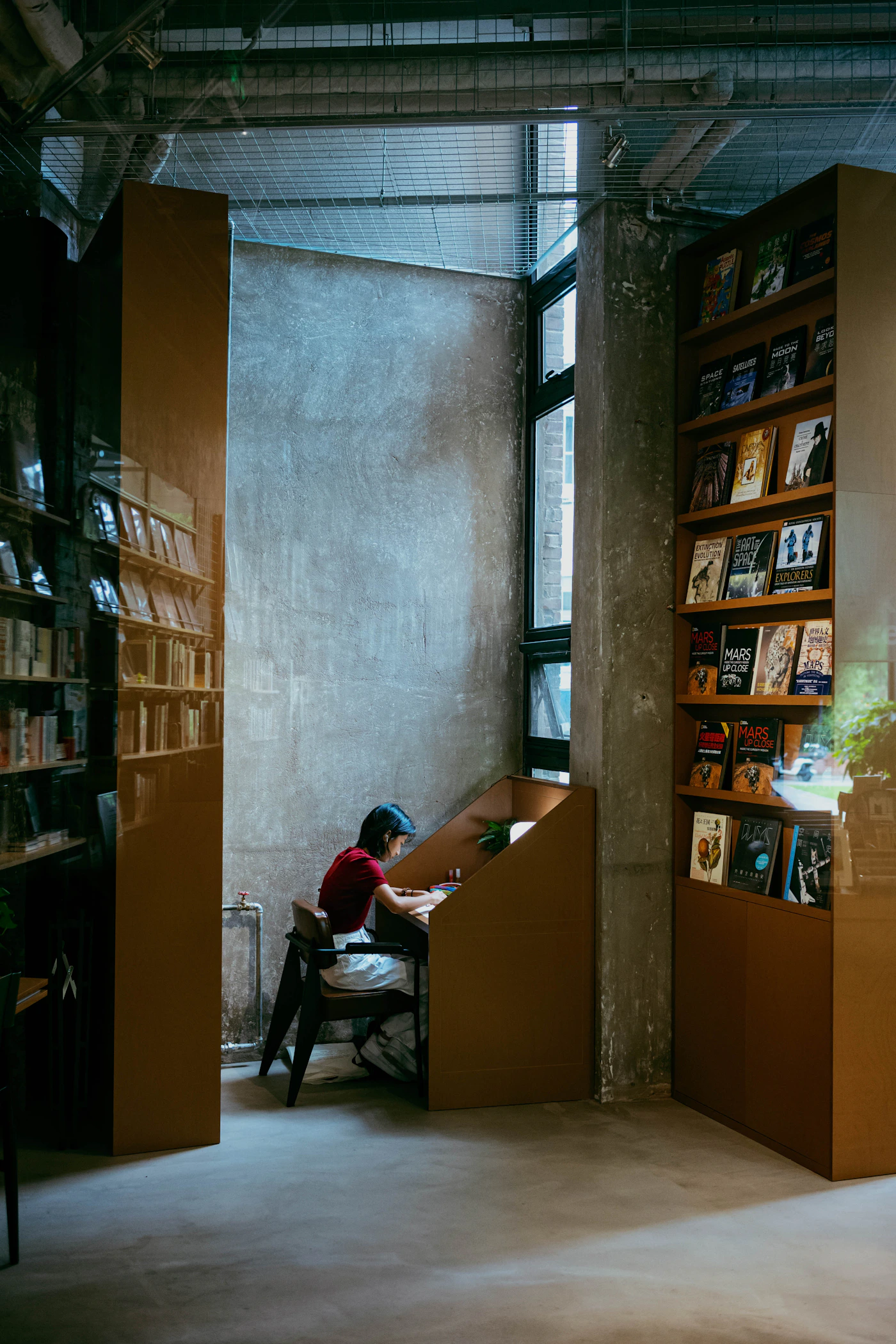 A person studying at a desk in a library