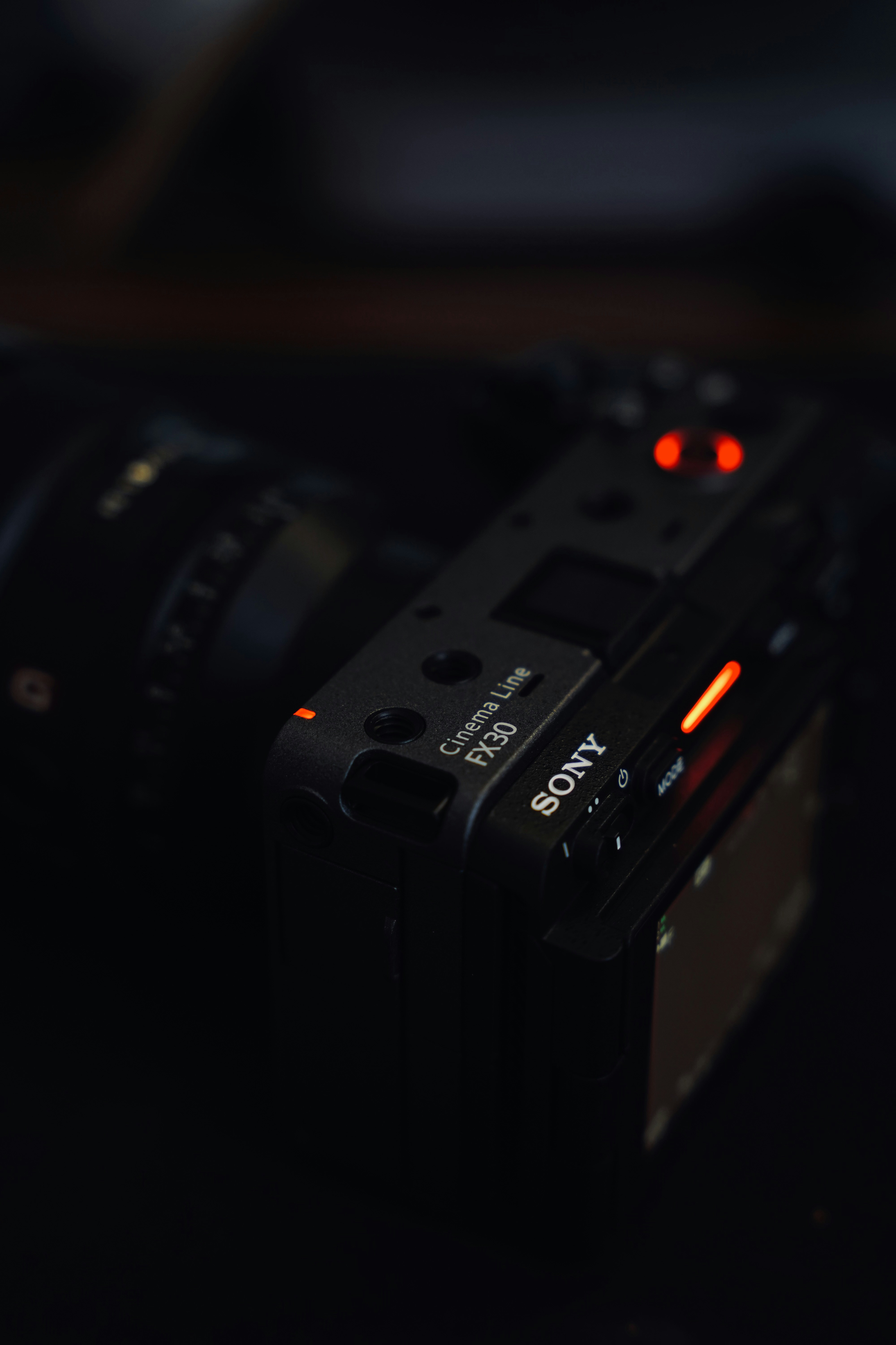 Sony Cinema Line FX30 camera with red recording indicator lights