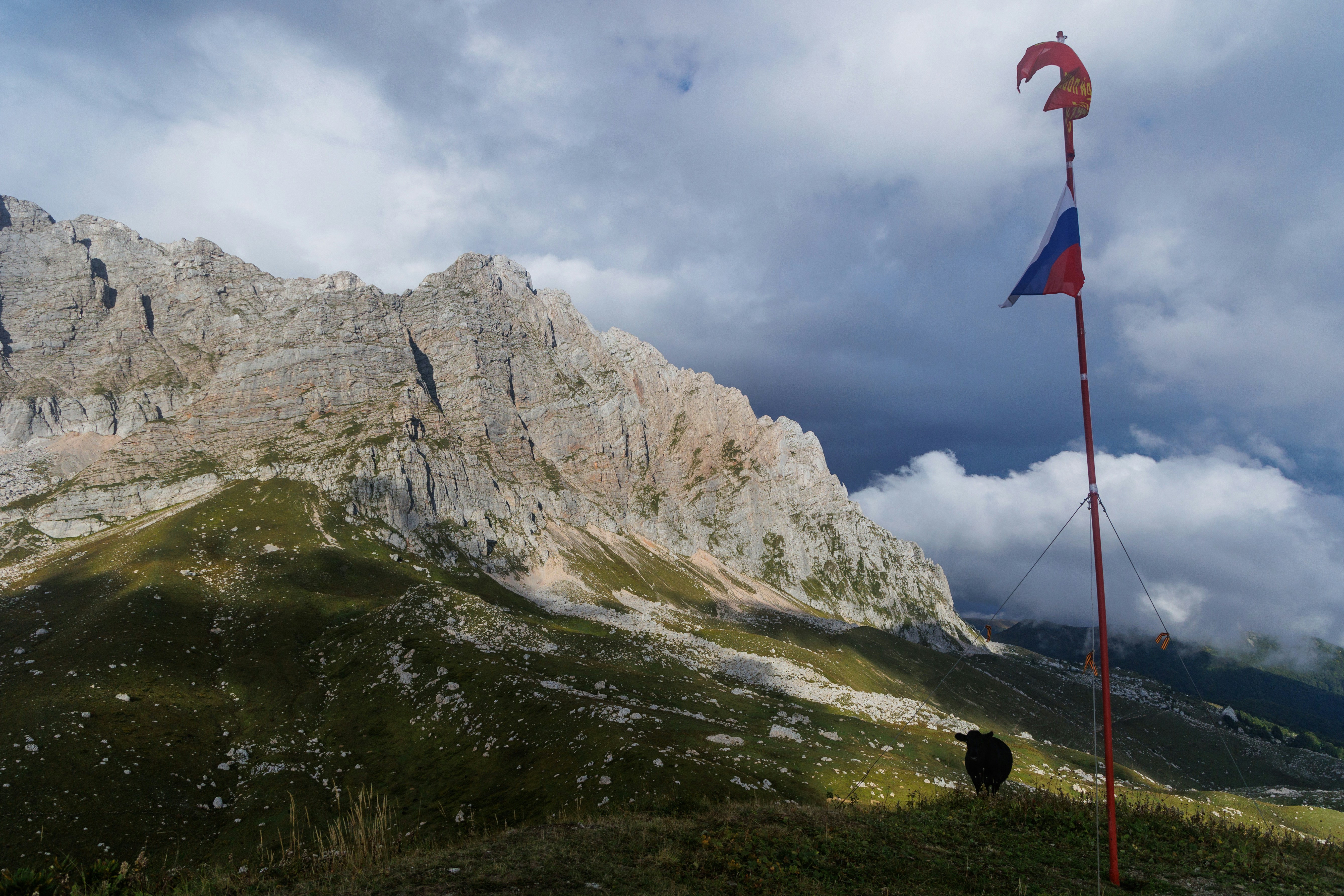 Mountain landscape with a flag and a bird.