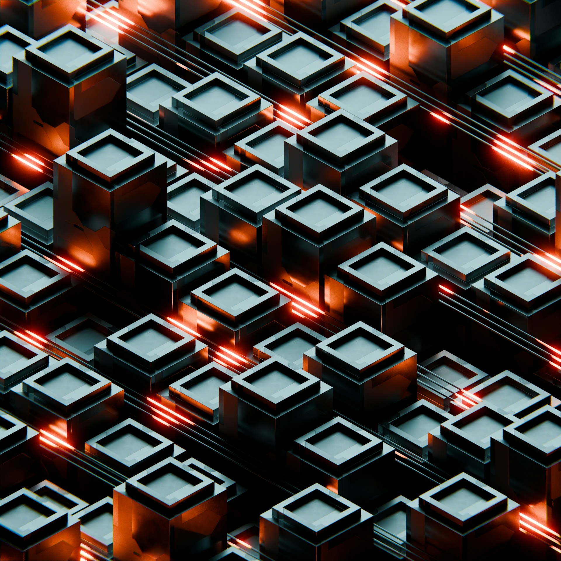 Geometric abstract pattern with glowing orange lines.