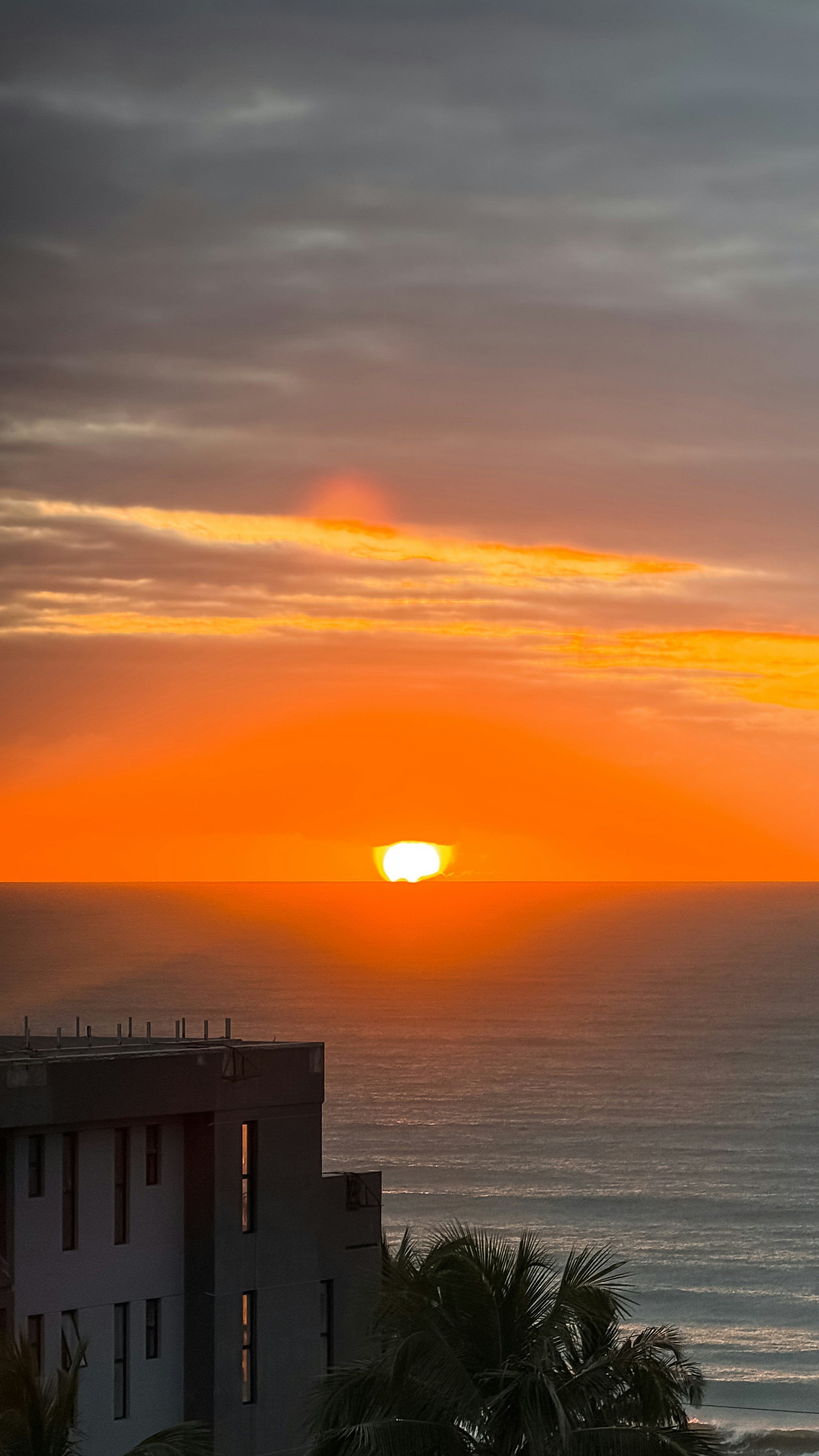 Sunset over the ocean with a building and palm trees.