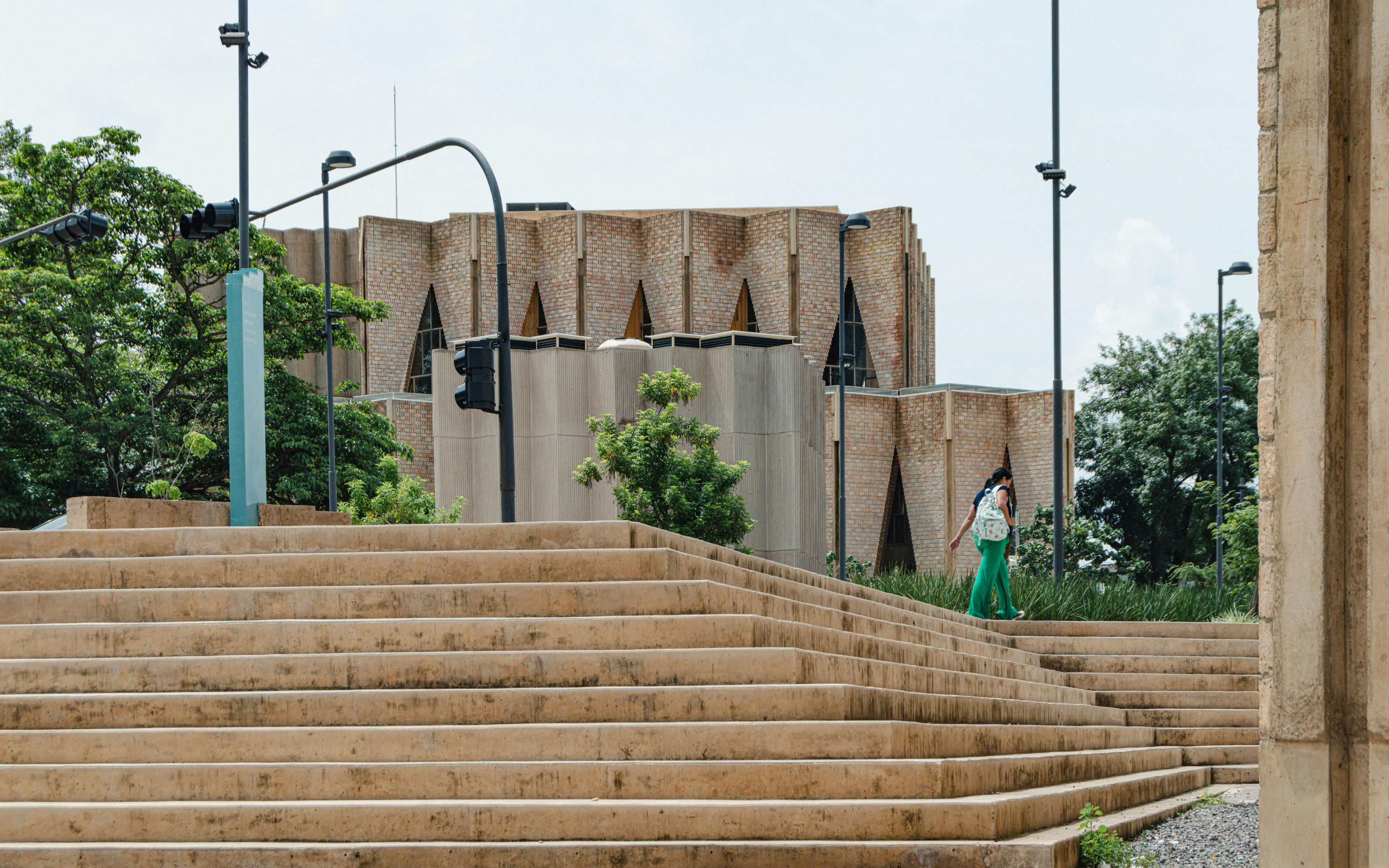 Modern building with large concrete steps and trees