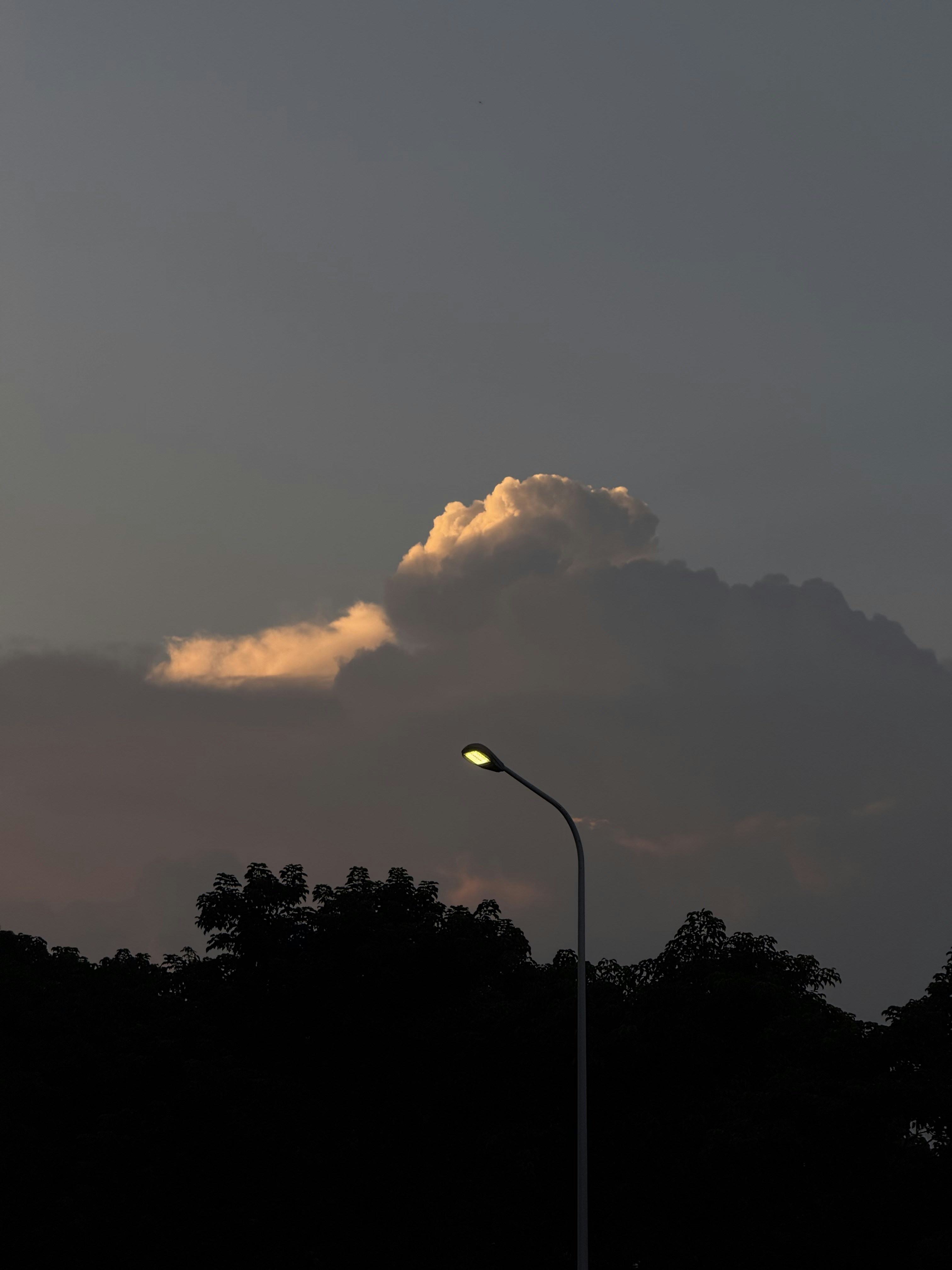 雲のあるドラマチックな夕焼け空を背景に街灯。