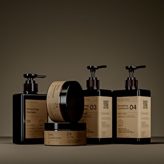 Various dark bottles and jars of skincare products.