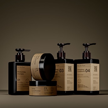 Various dark bottles and jars of skincare products.