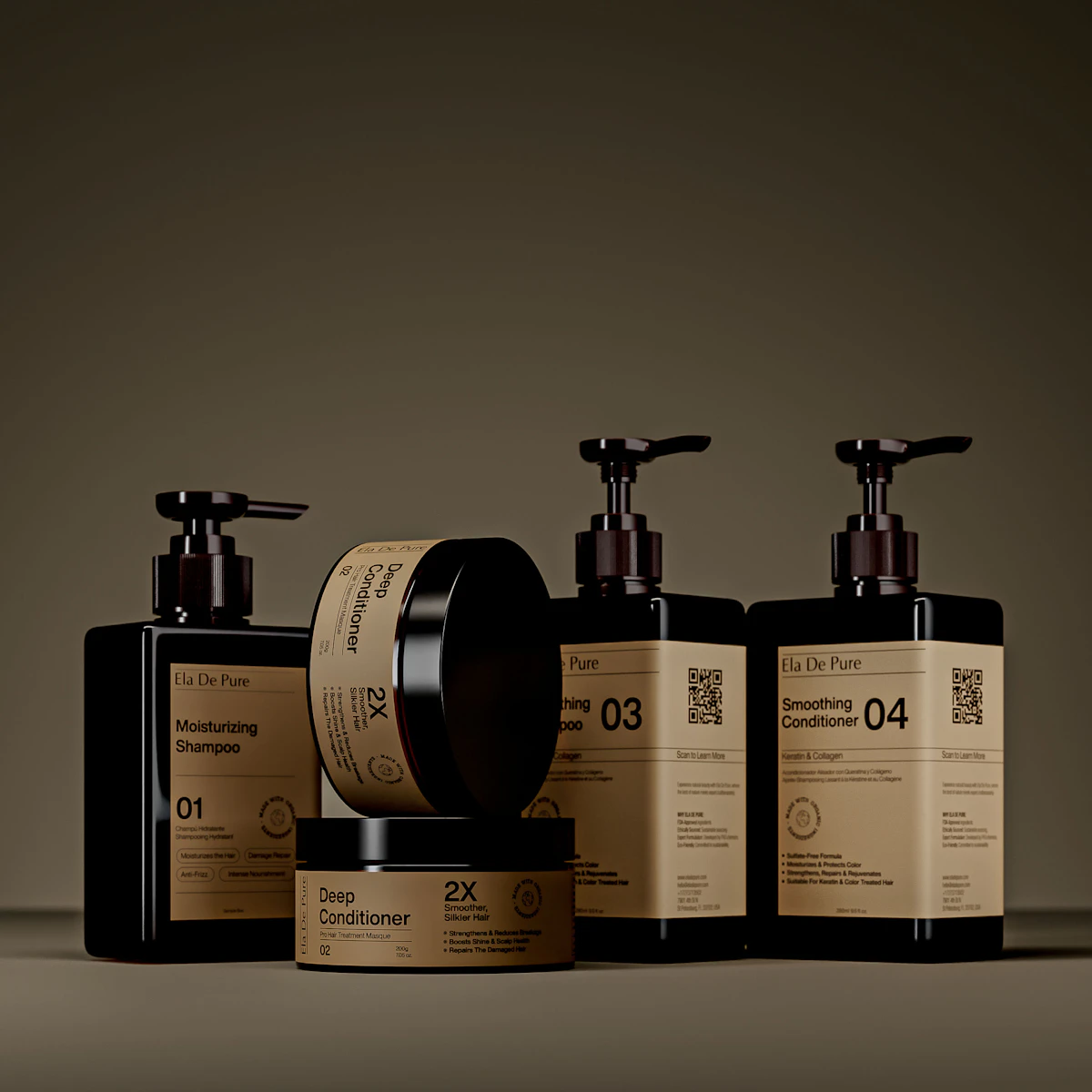 Row of dark amber skincare bottles and jars with minimal labels