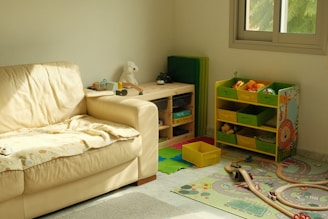 Children's playroom with toys and storage