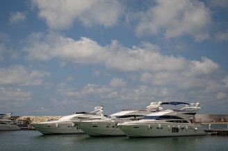 Luxury yachts docked in a marina under blue sky.