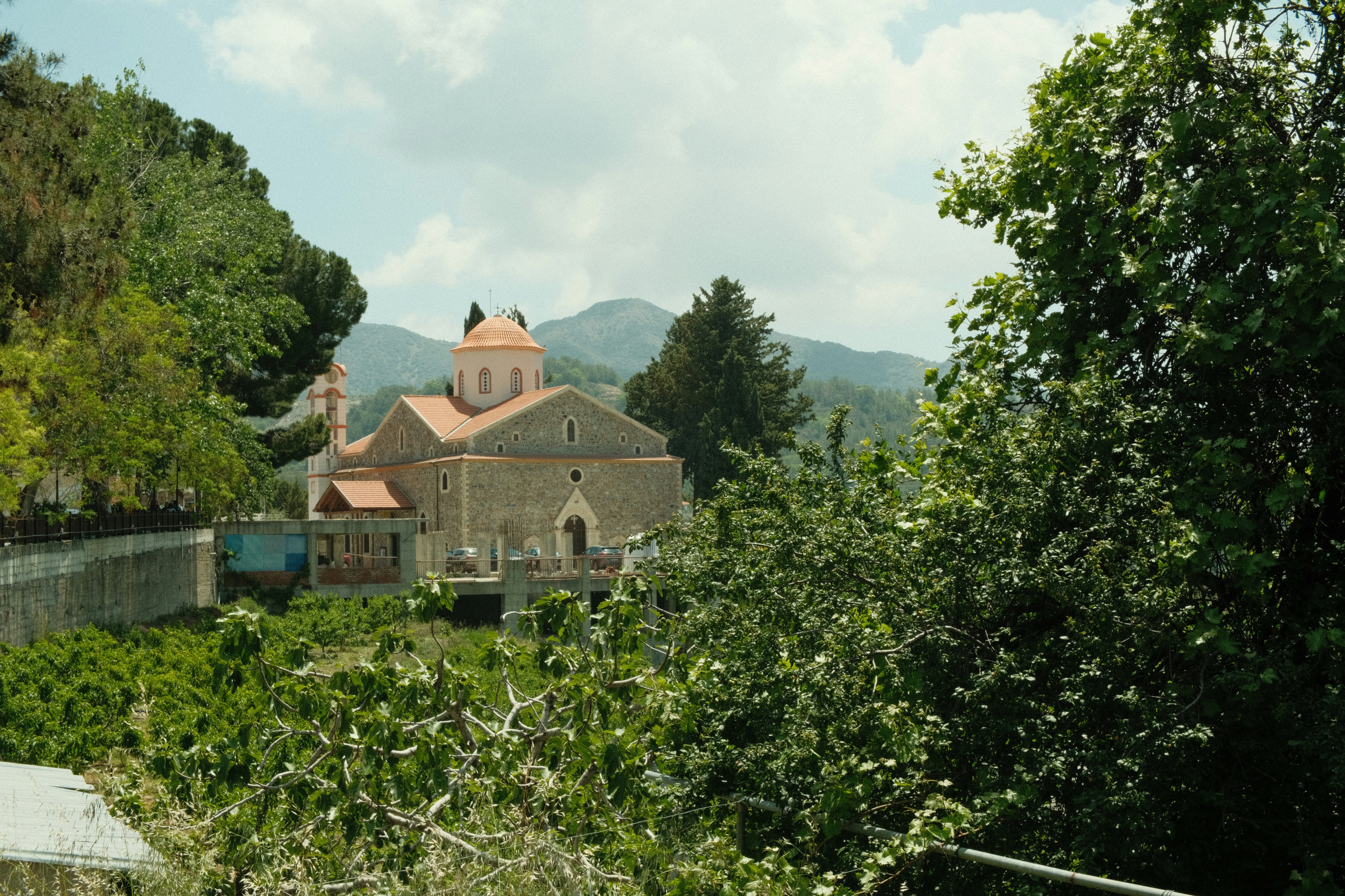 A church with a pink dome nestled in lush greenery.
