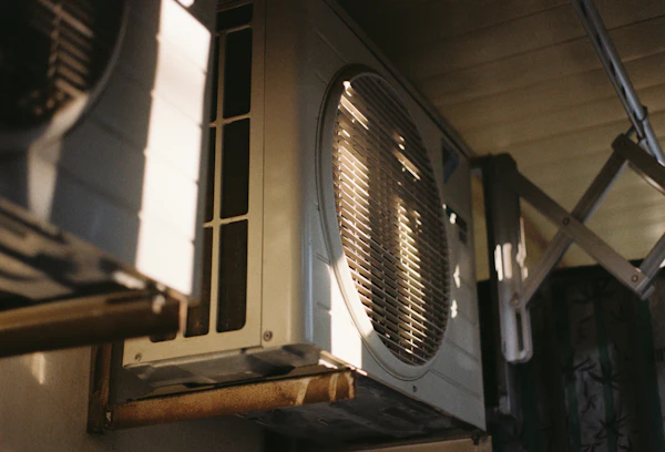 Close-up of a residential air conditioning condenser unit outdoors on a sunny day