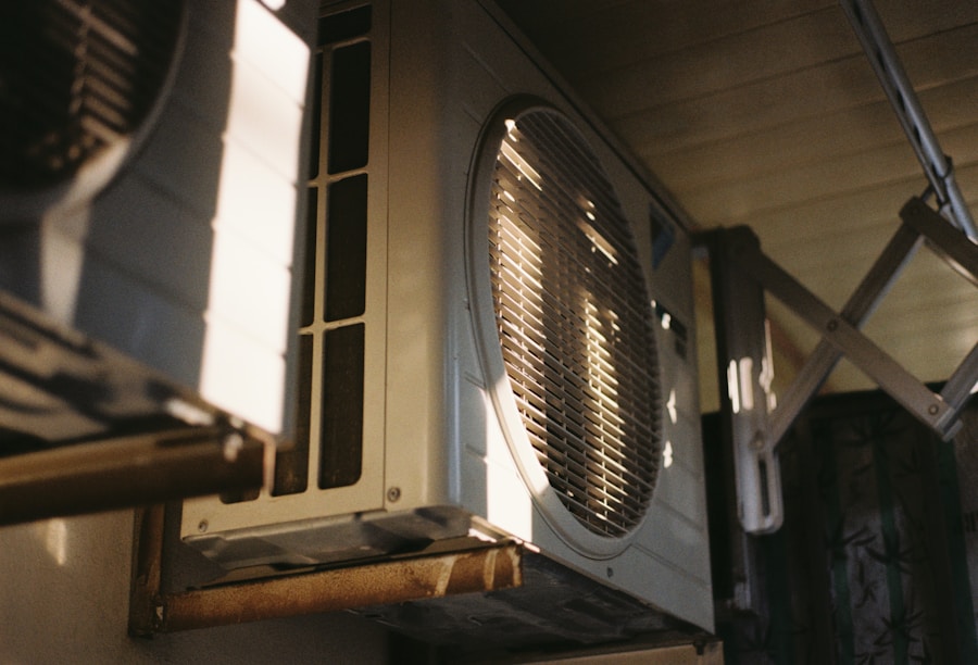 Close-up of a residential outdoor HVAC condenser fan unit