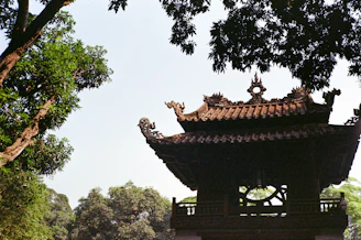 Traditional pagoda roof surrounded by lush green trees.