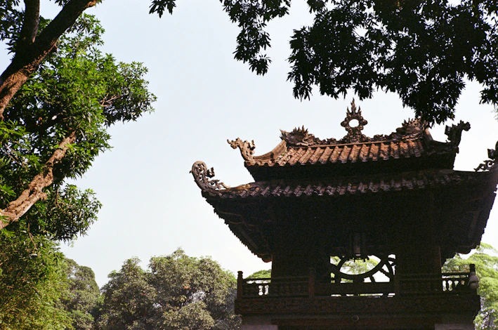 Traditional pagoda roof surrounded by lush green trees.
