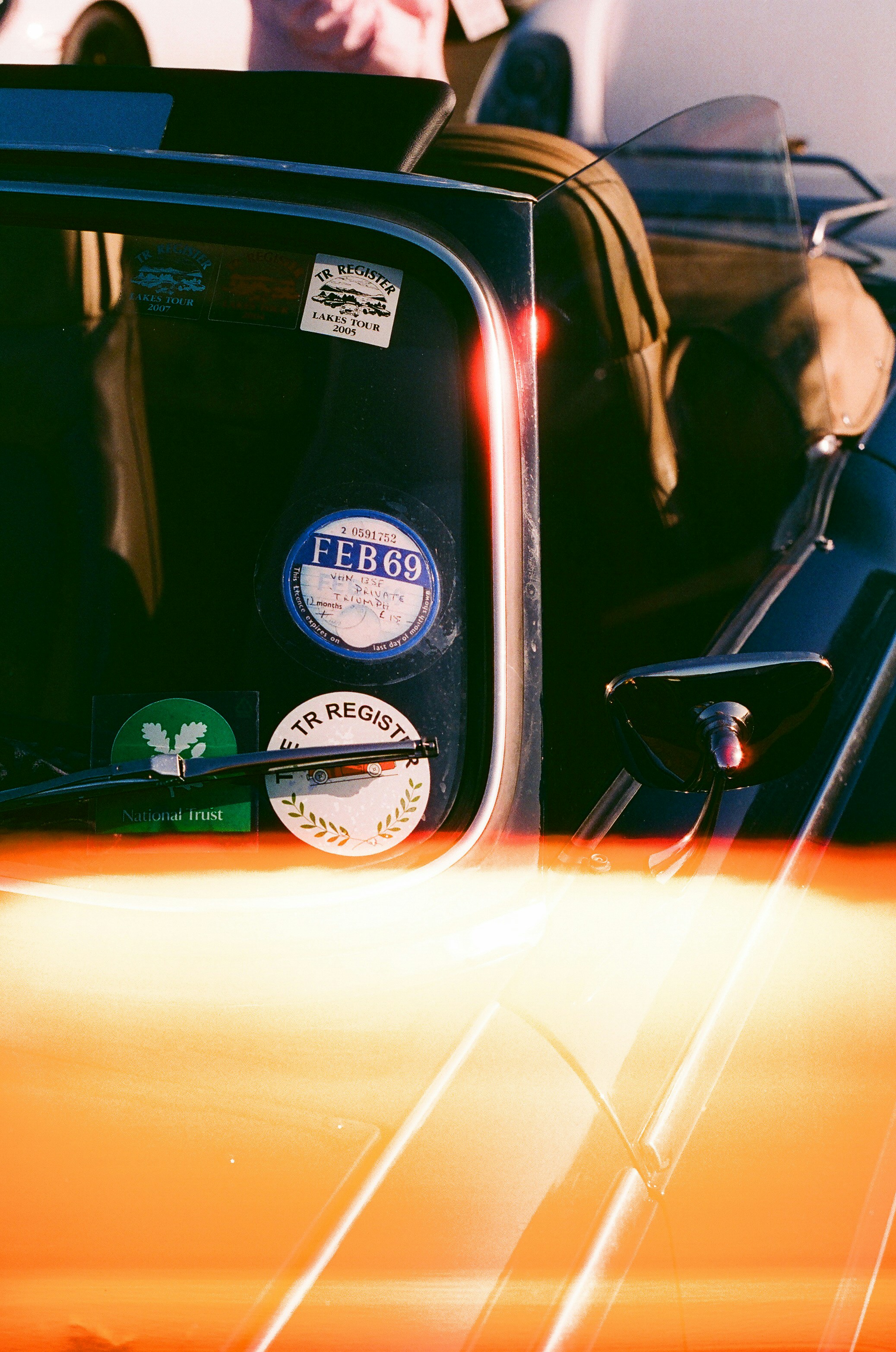 Vintage car with stickers on the rear window