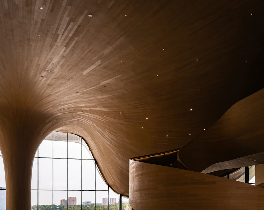 Interior revestido en madera con formas curvas