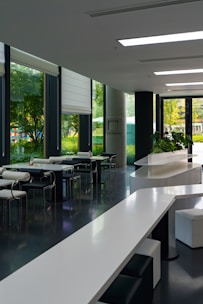 Modern lounge area with tables and seating