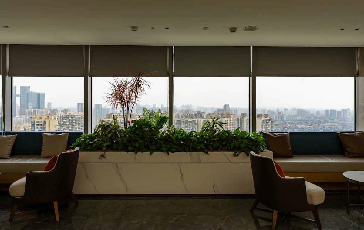 A modern lounge with plants and a city view