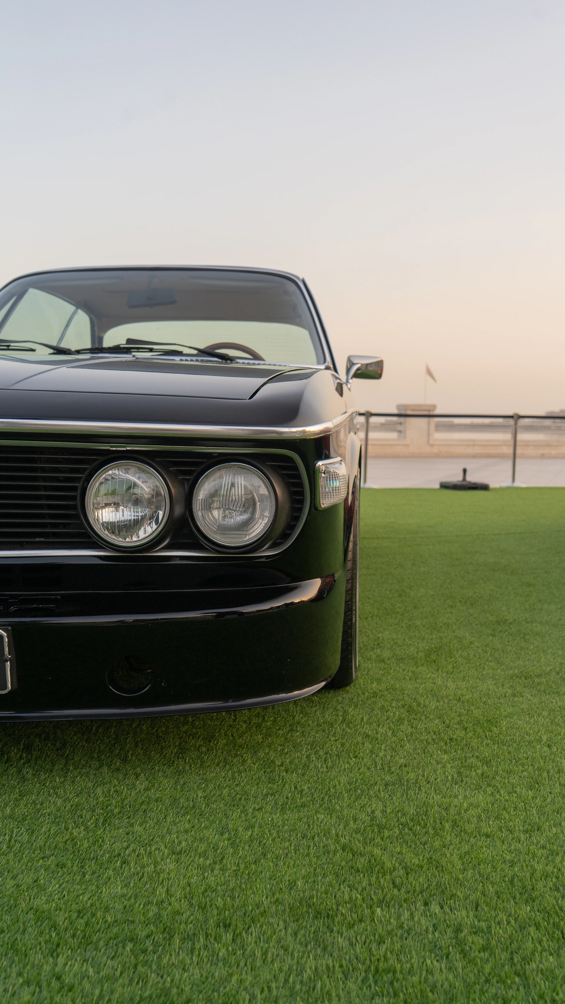 Black vintage car parked on green grass