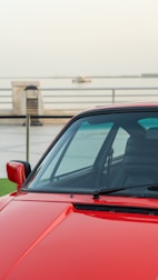 Red sports car parked by the water