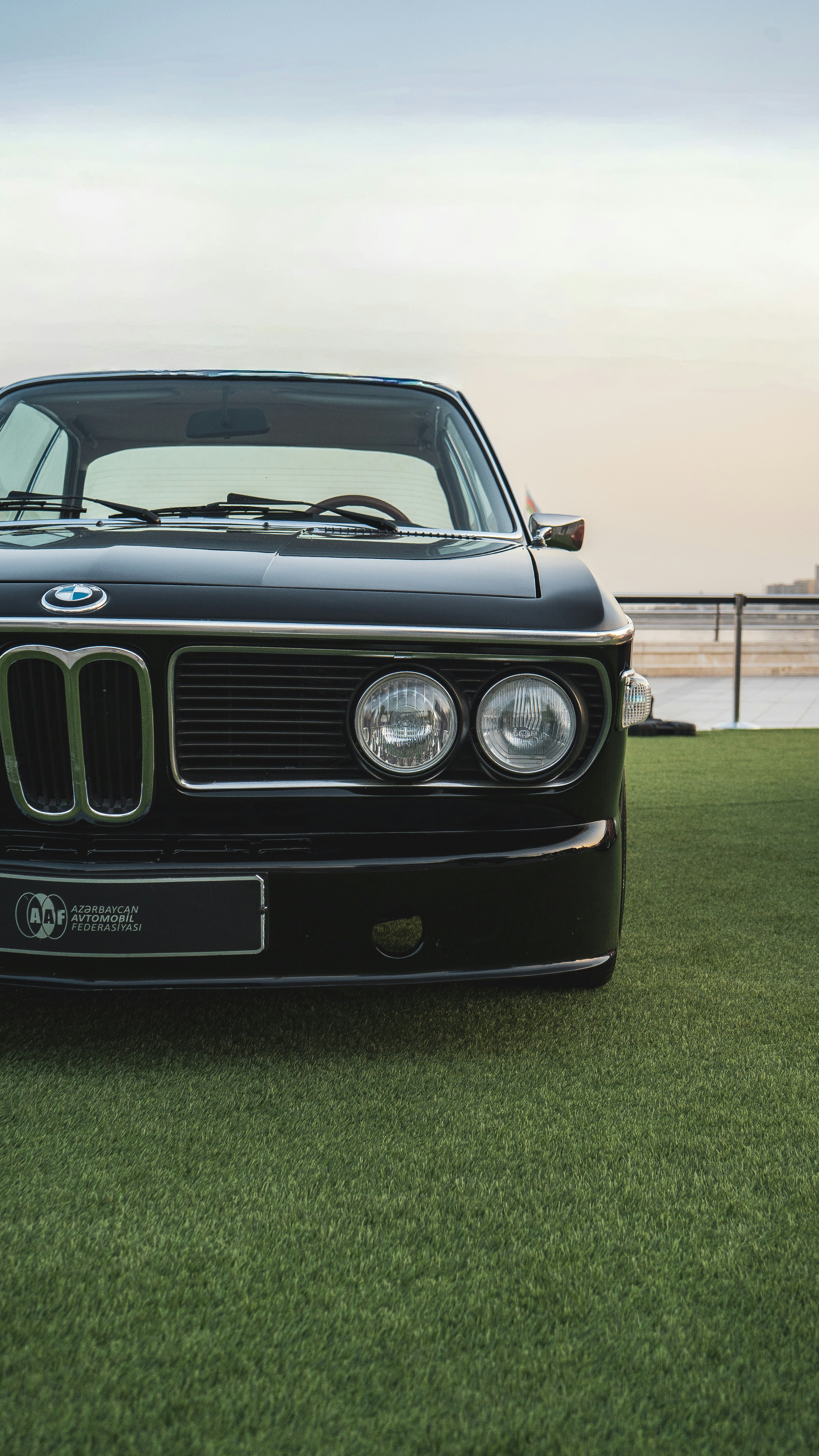 A black vintage BMW parked on green grass.