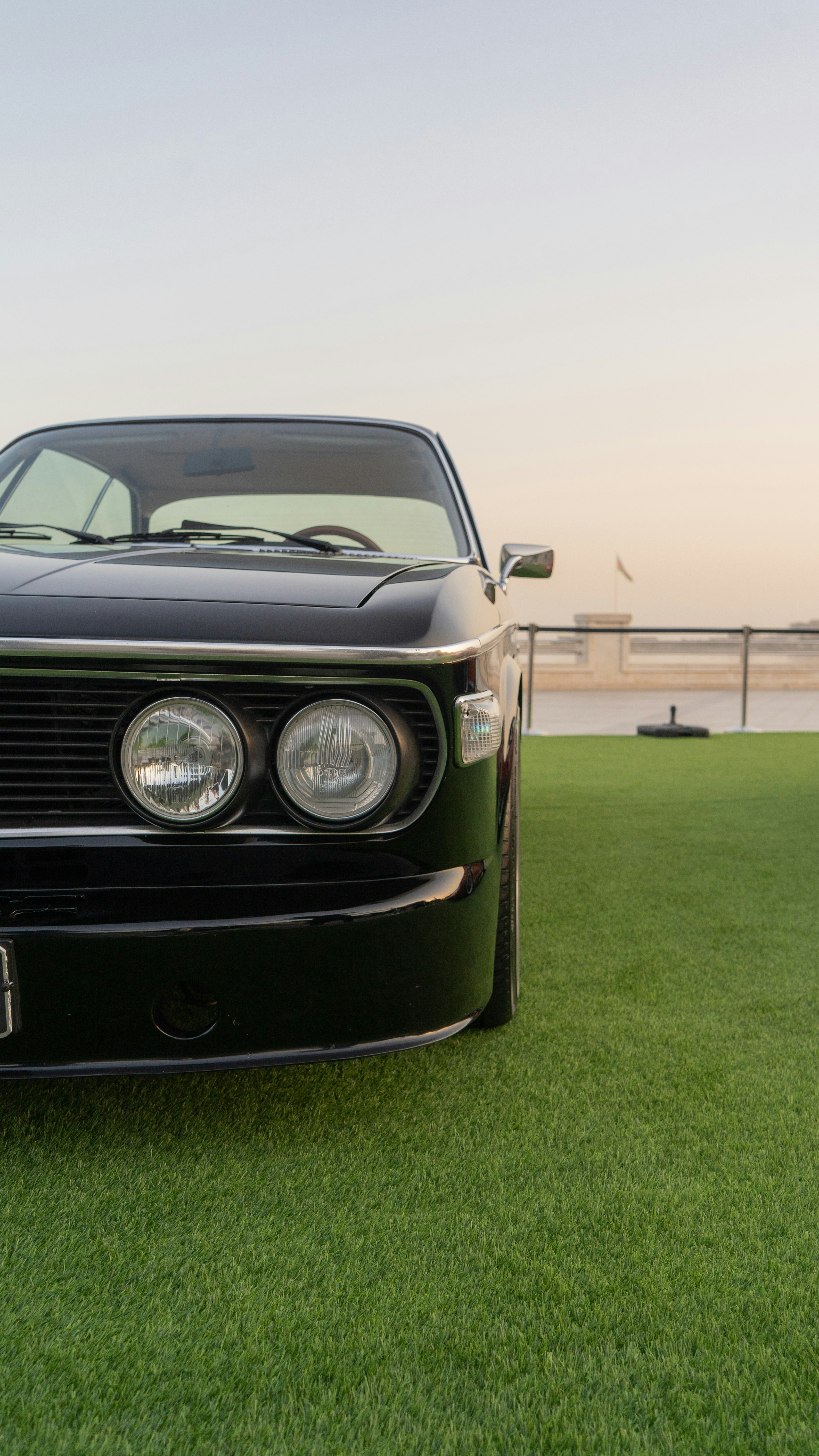 Black vintage car parked on green grass