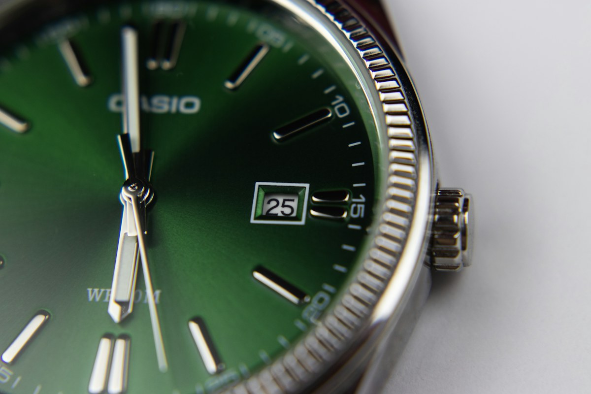 A Casio watch dial illustrates a practical quartz-watch style; verify the movement of any particular model before buying.
