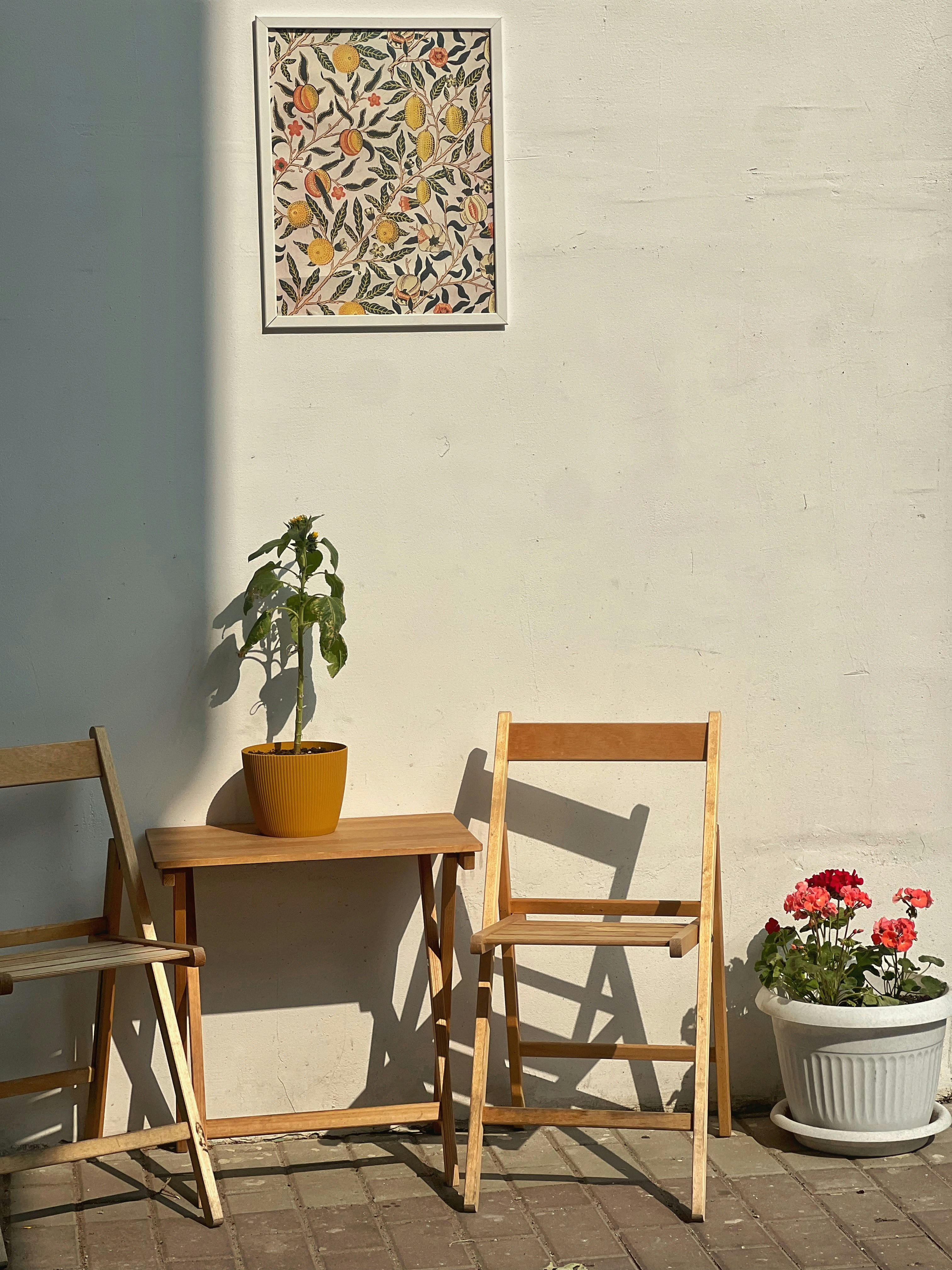 Dos sillas y una mesa con una planta y flores