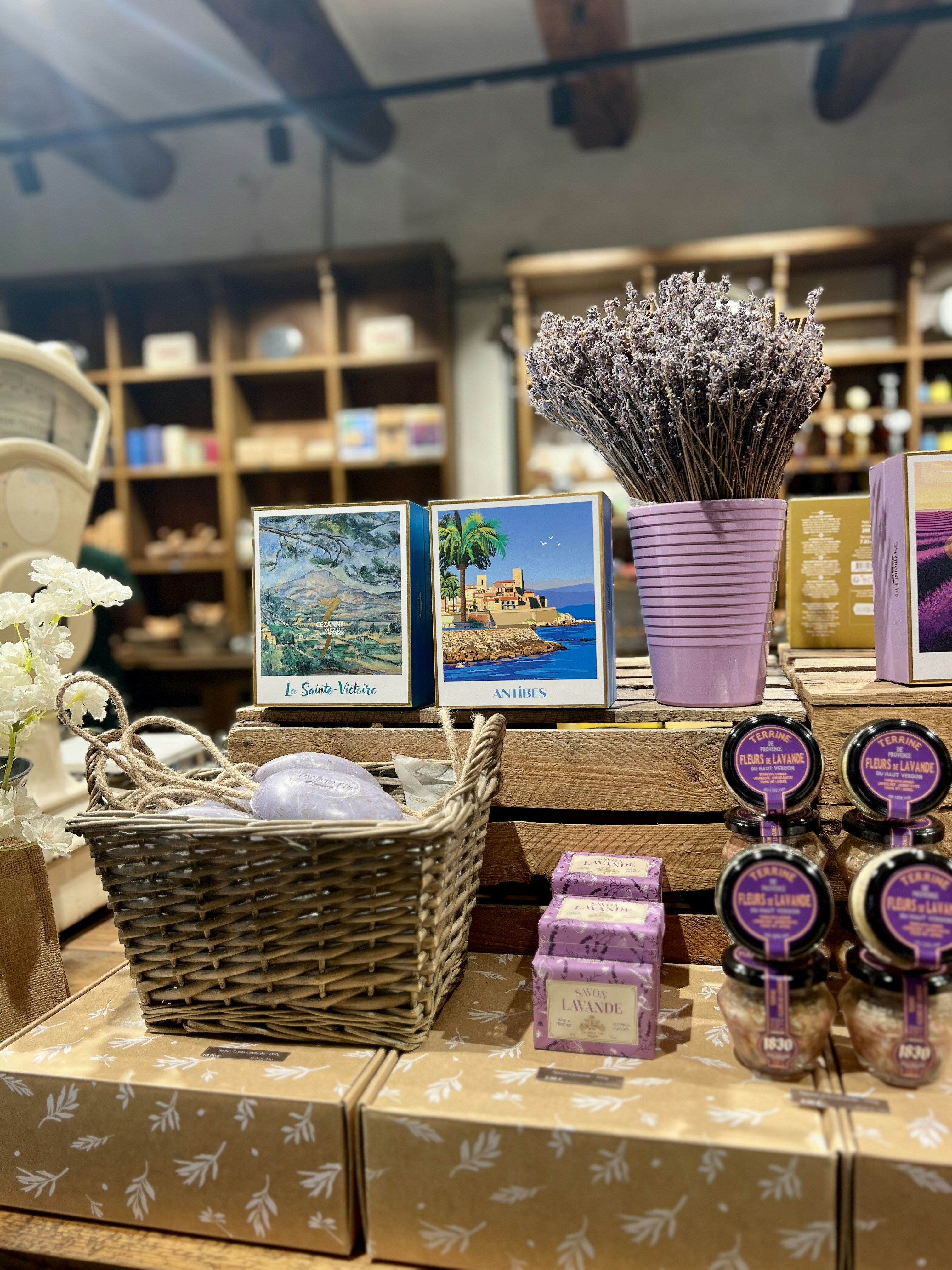 Lavender products and decor displayed in a shop.