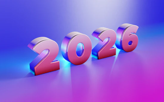 Shiny 3D numbers spelling out 2026
