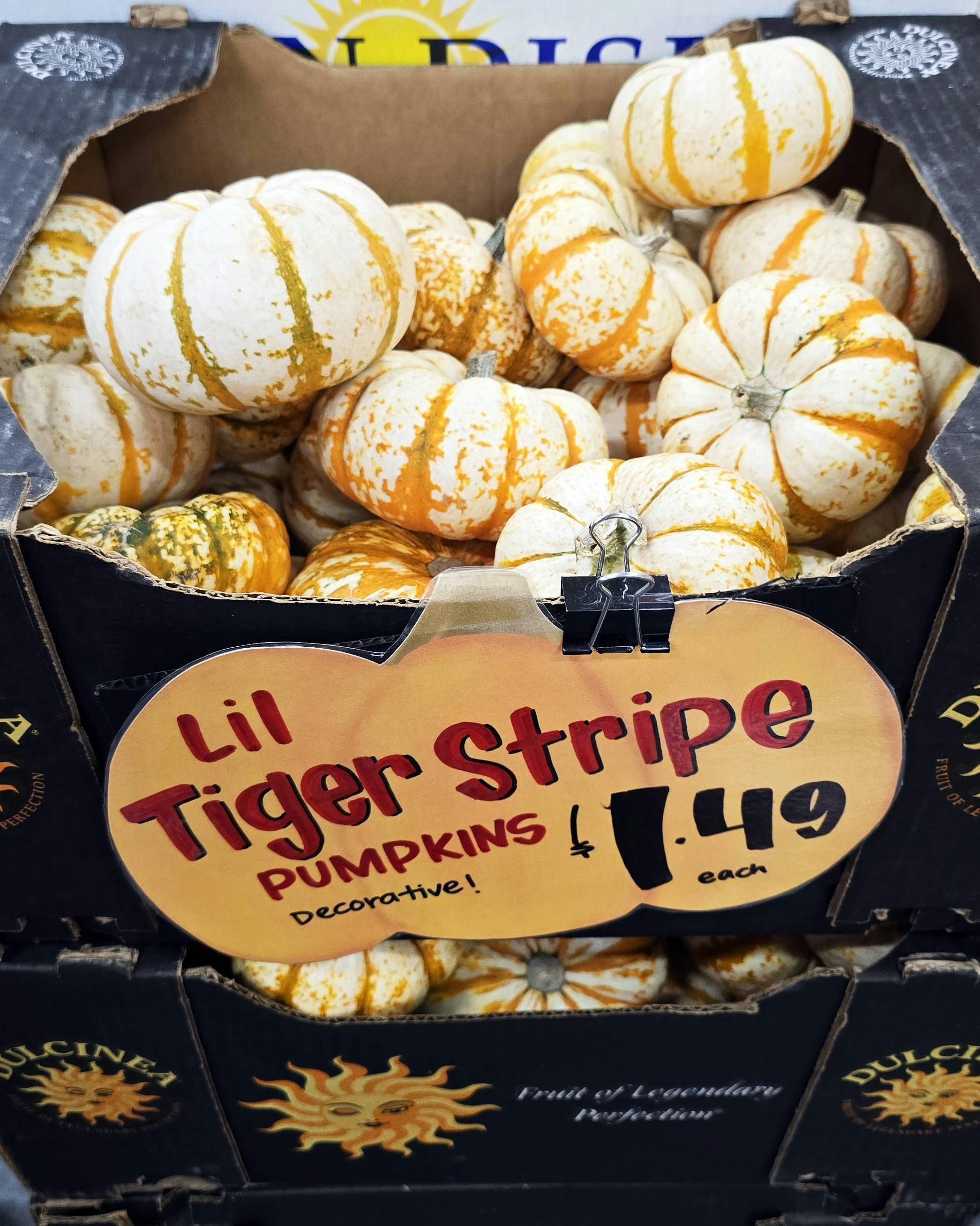 White and orange striped mini pumpkins in a crate.