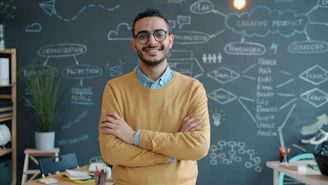 Man with arms crossed in front of chalkboard