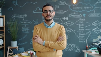 Man with glasses and arms crossed in office.