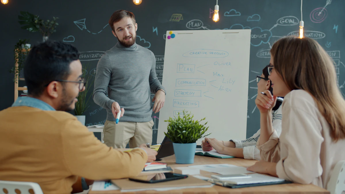 Marketing team collaborating at a whiteboard