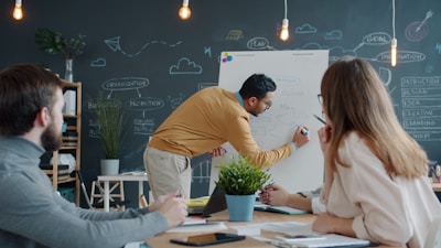Man presenting ideas on whiteboard to colleagues